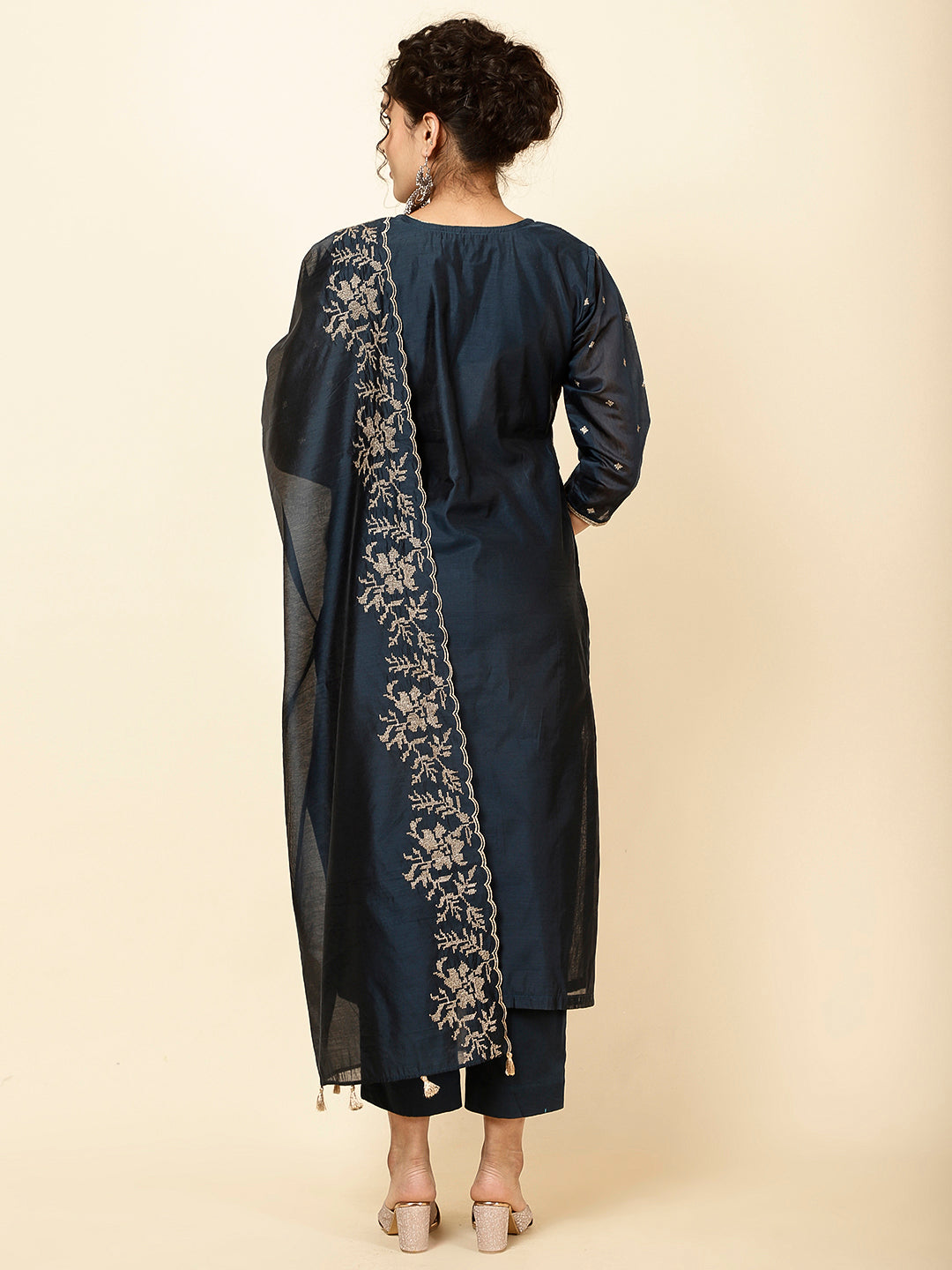 Embroidered Cotton Kurta With Pants &amp; Dupatta
