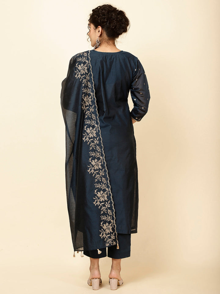 Embroidered Cotton Kurta With Pants &amp; Dupatta
