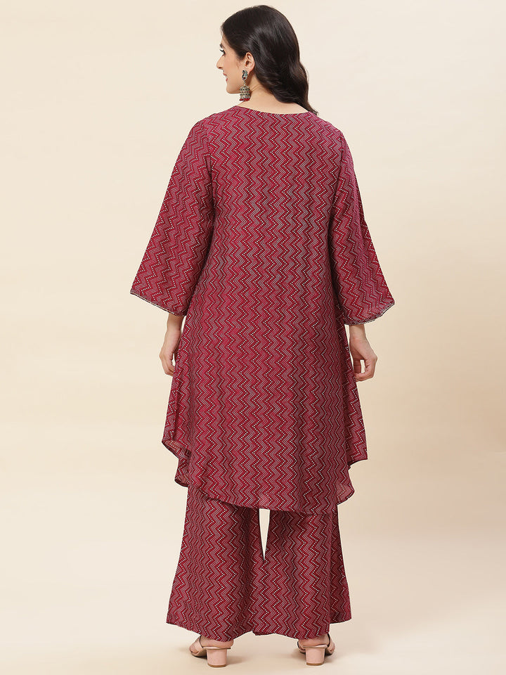 Printed &amp; Neck Embroidered Muslin Kurta With Pants