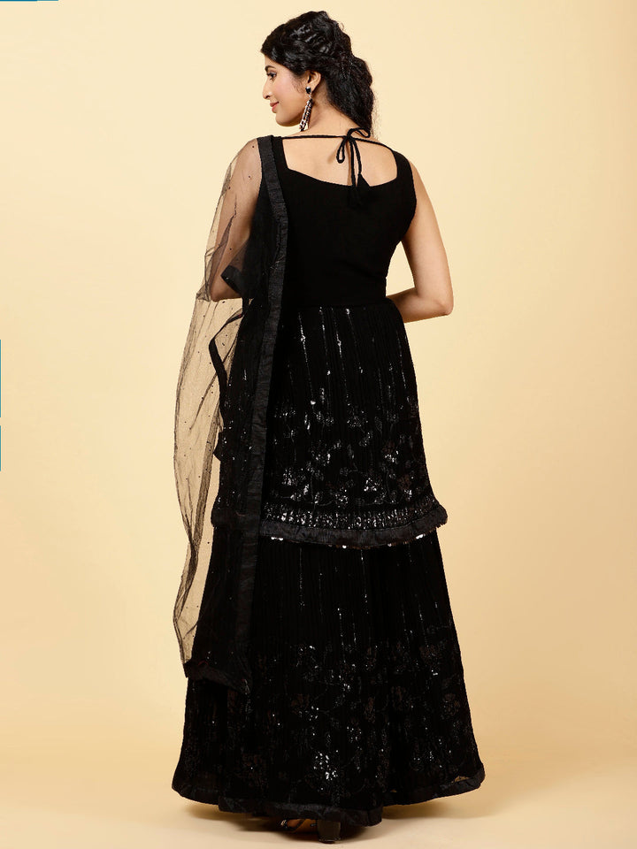Sequin Embroidered Georgette Choli With Lehenga &amp; Dupatta