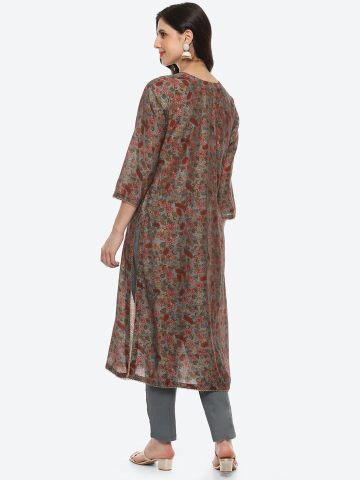 Sequin Yoke Printed Muslin Kurta With Pant