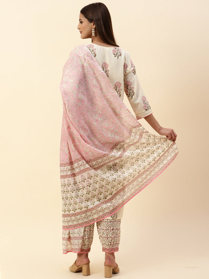 Printed Cotton Kurta With Pants &amp; Dupatta