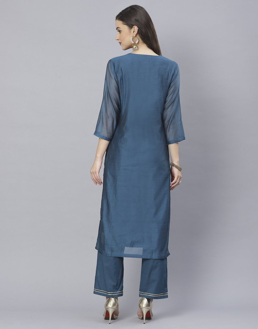 Red and Teal Blue Cotton Chanderi Salwar Kameez