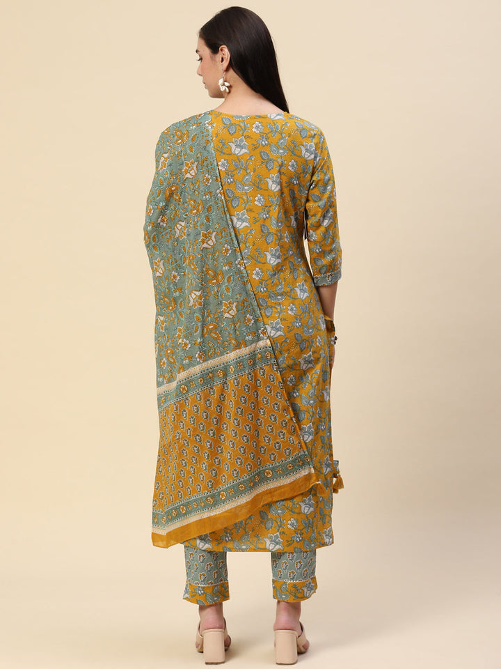 Block Printed Cotton Kurta With Pants &amp; Dupatta
