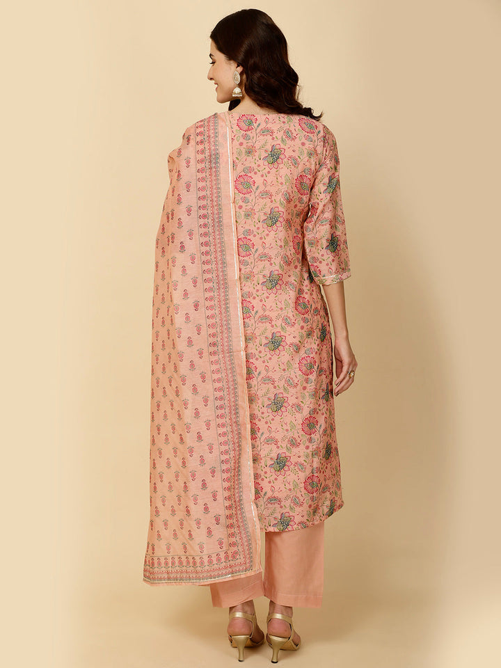Floral Printed Chanderi Kurta With Pants &amp; Dupatta