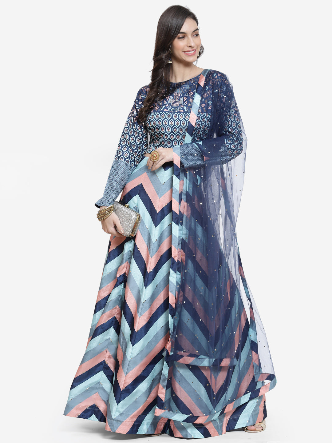 Zig Zag Printed Tussar Lehenga With Choli And Net Dupatta