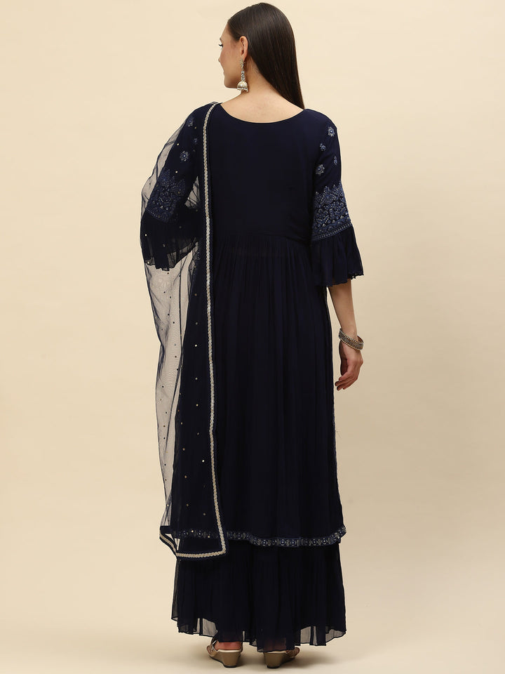 Resham Sequin Embroidered Georgette Kurta With Palazzo &amp; Dupatta