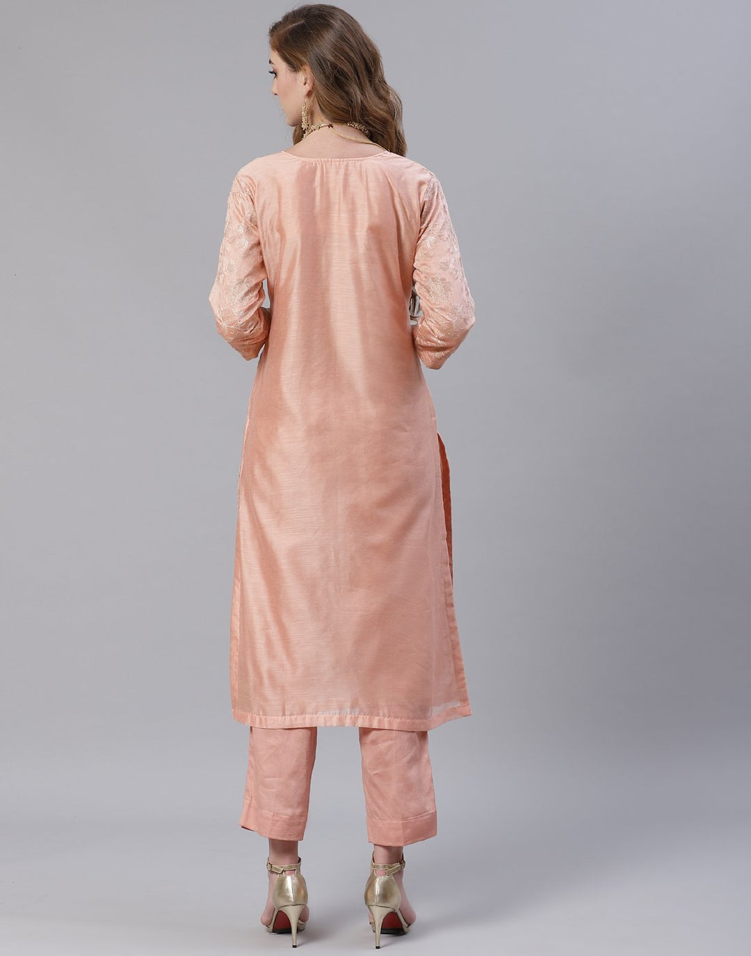 Peach and Sea Green Cotton Chanderi Salwar Kameez Stitched Suit