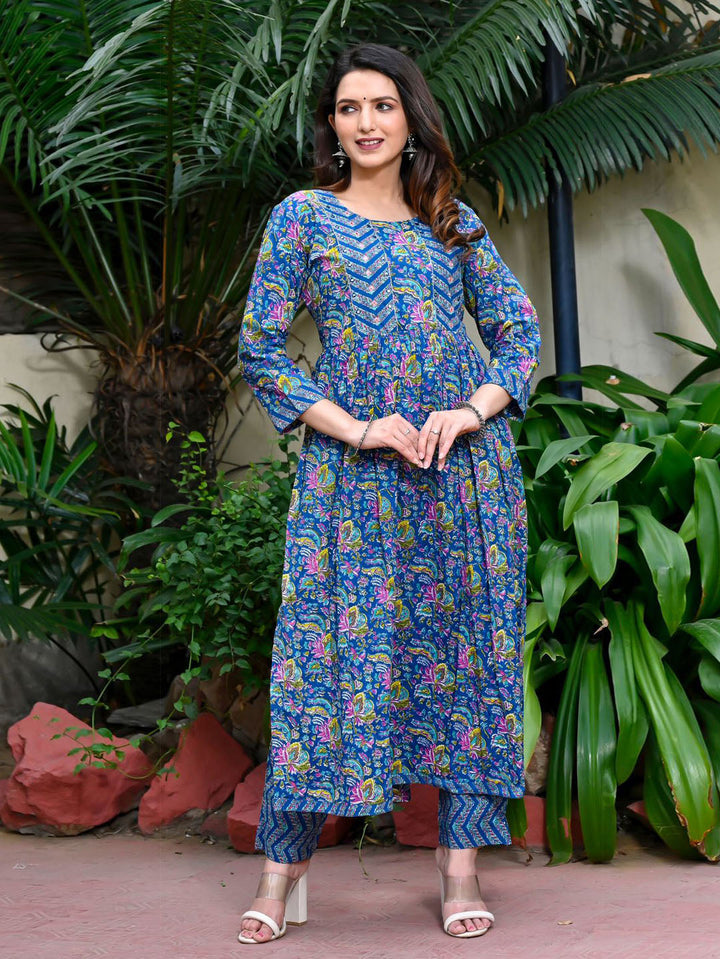 Floral Printed Cotton Kurta With Pants &amp; Dupatta