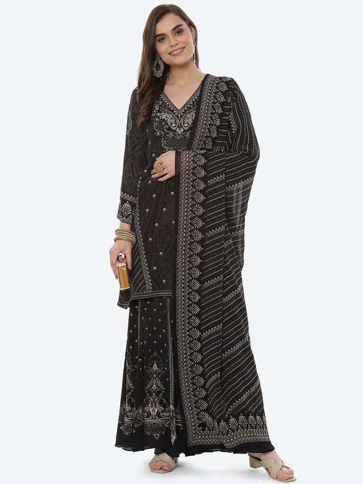 Digital Printed Crepe Kurta With Sharara &amp; Georgette Dupatta