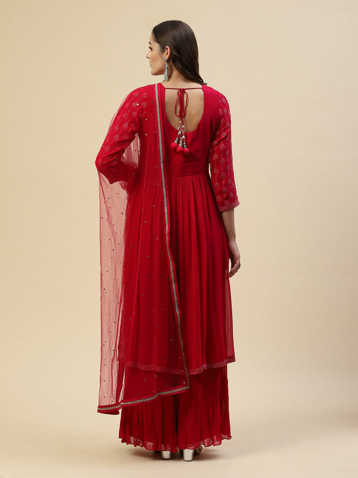 Embroidered Georgette Kurta With Palazzo &amp; Dupatta