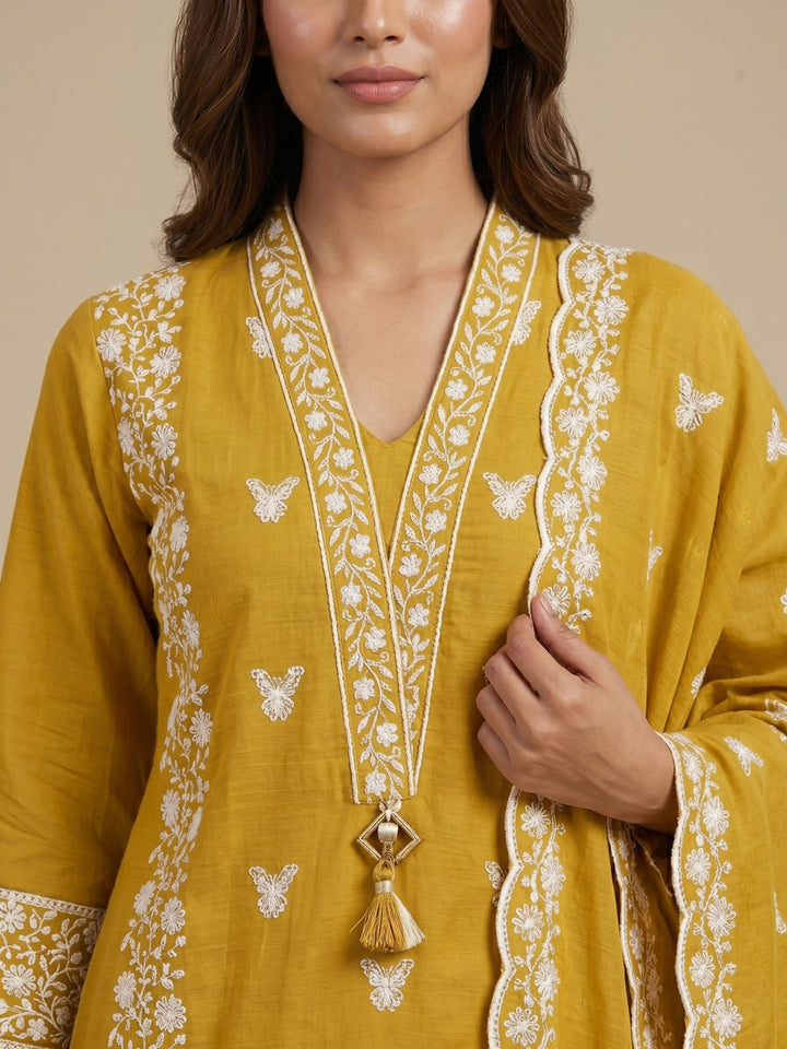 Mustard Embroidered Cotton Blend Straight Round Neck Suit Set