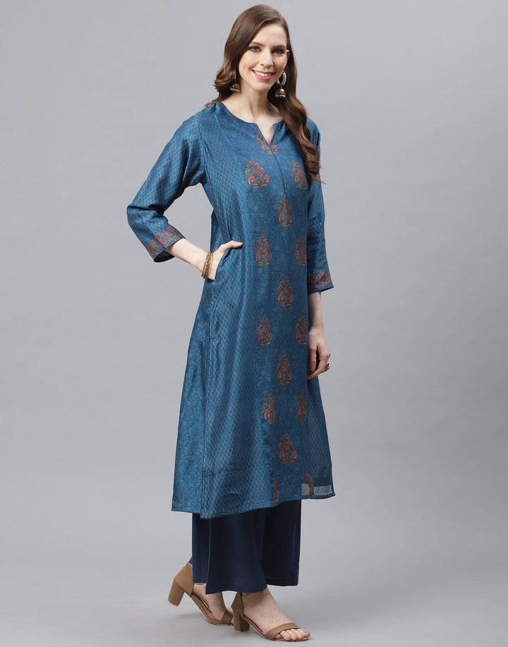 Blue Straight Cotton Chanderi Kurta with Plazzo Set