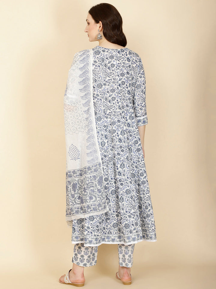 Floral Printed Cotton Kurta With Pants &amp; Dupatta