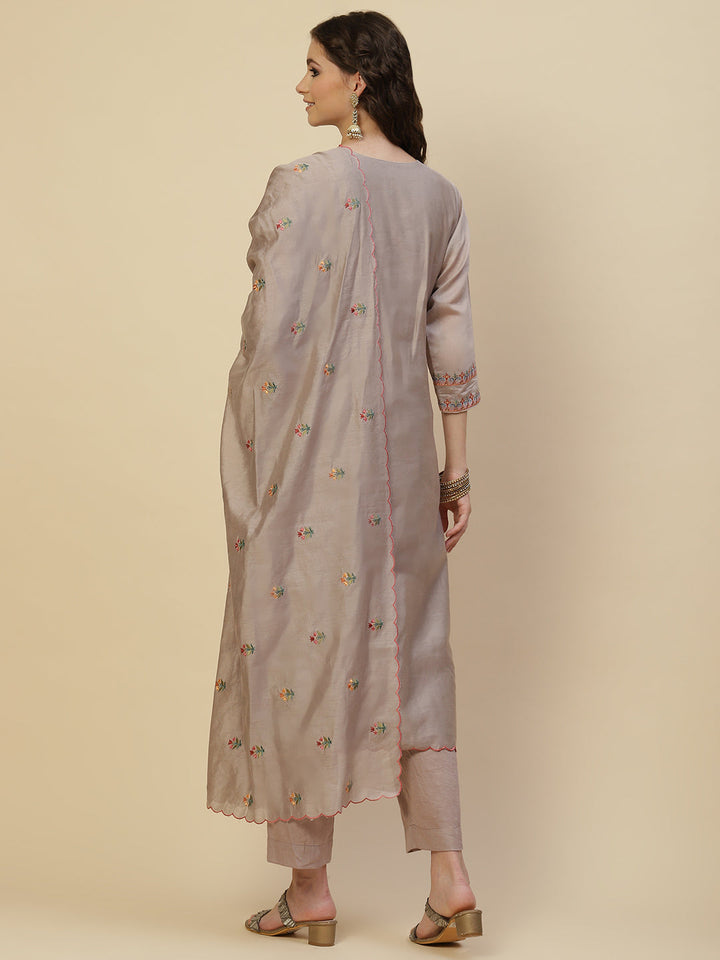Floral Resham Booti Cotton Kurta With Pants &amp; Dupatta