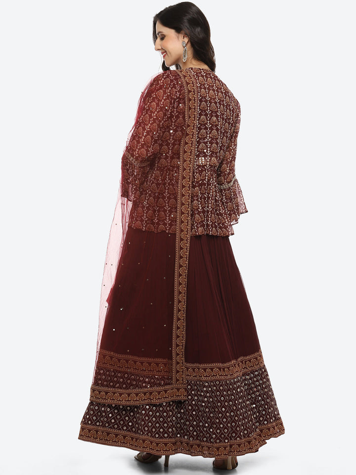 Resham Embroidered Georgette Choli Jacket With Lehenga &amp; Dupatta