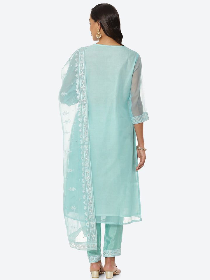 Resham Booti Organza Kurta With Pant &amp; Dupatta