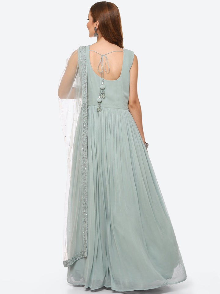 Resham Booti Georgette Anarkali Kurta With Churidar &amp; Net Dupatta