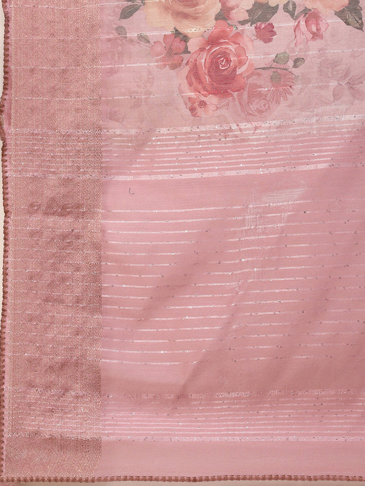 Digital Floral Printed Sequin Cotton Saree