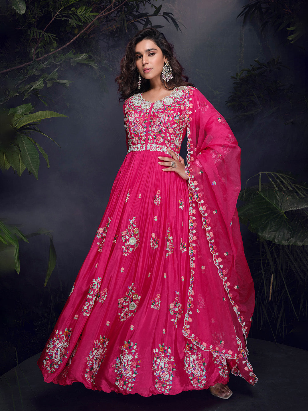 Embroidered Chinon Suit With Pant &amp; Dupatta