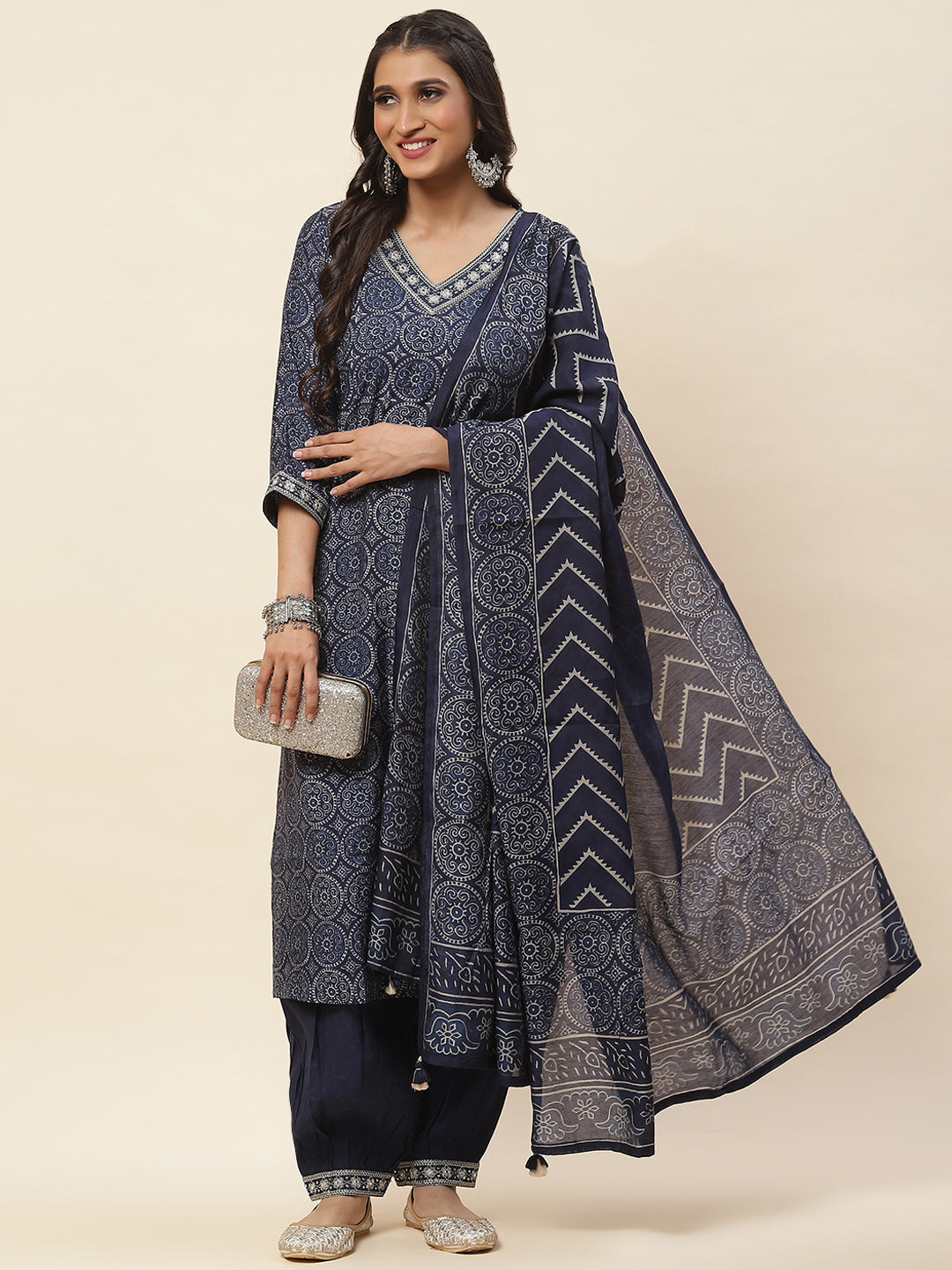 Printed Cotton Kurta With Pants &amp; Dupatta