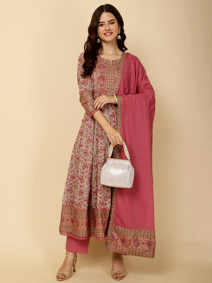 Floral Block Printed Anarkali Kurta With Pants &amp; Dupatta