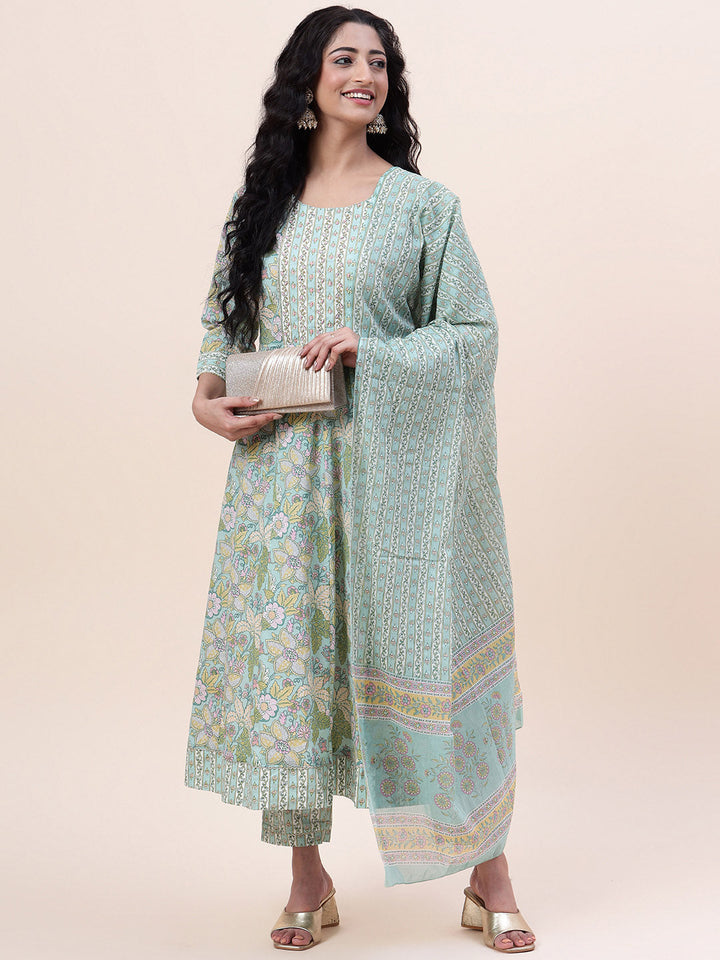 Floral Printed Cotton Kurta With Pants &amp; Dupatta