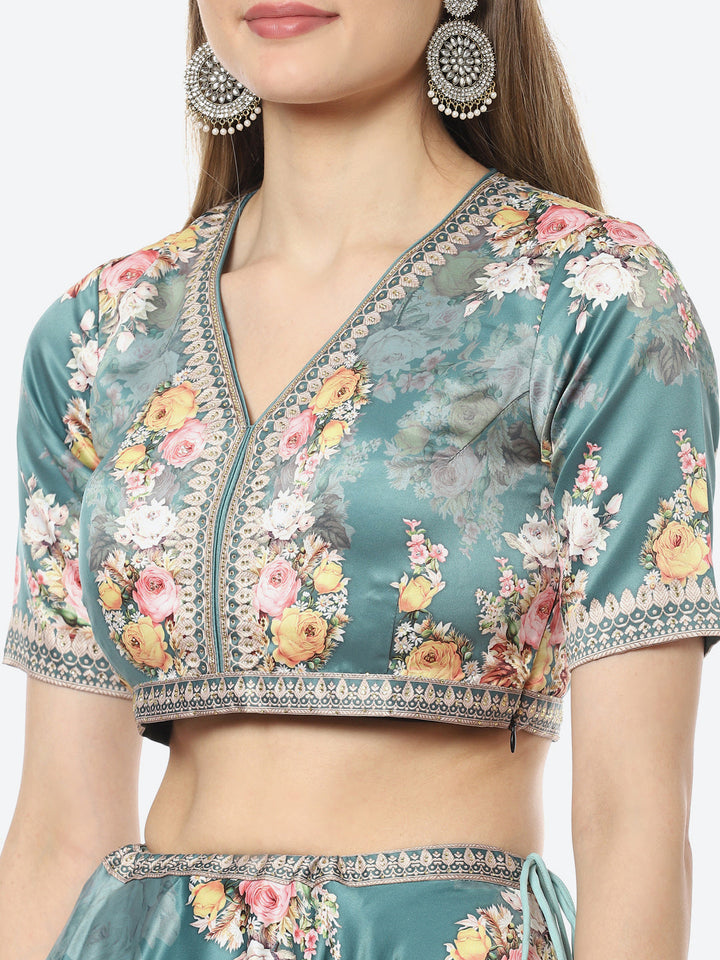 Floral Digital Printed Satin Choli With Lehenga &amp; Crepe Dupatta