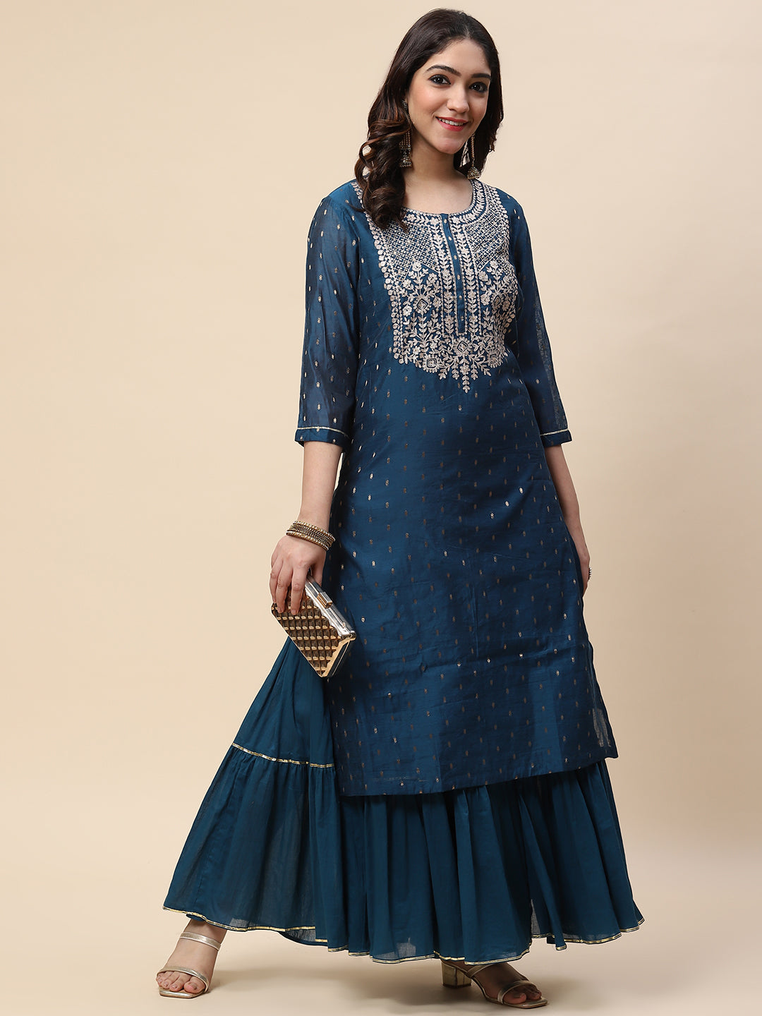 Neck Embroidered Woven Chanderi Kurta With Skirt