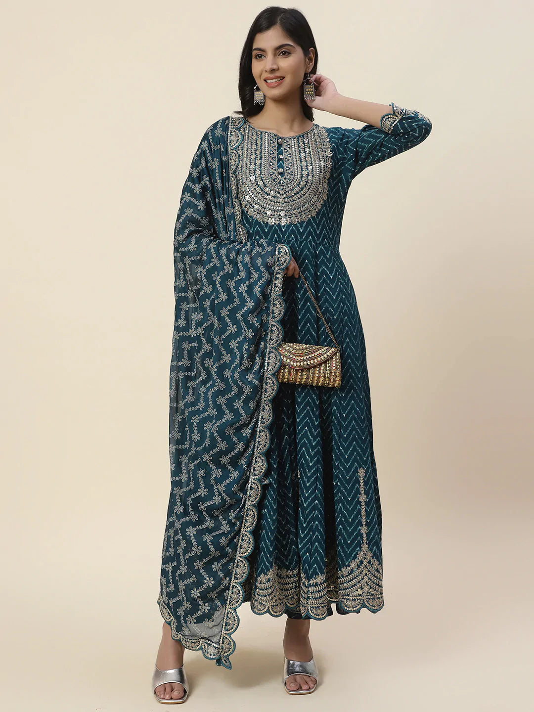 Neck Embroidered Cotton Kurta With Pants &amp; Dupatta