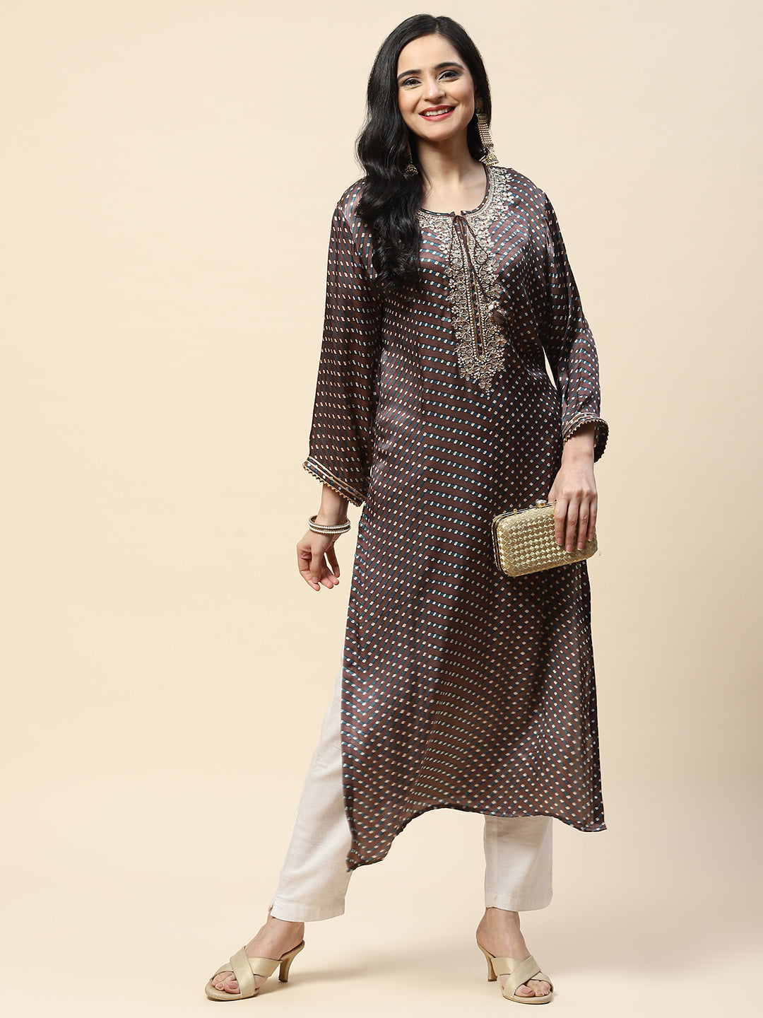 Printed With Yoke Embroidered Satin Kurta