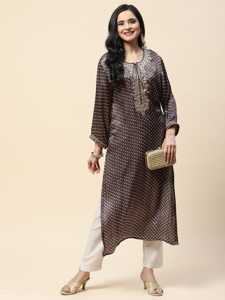 Printed With Yoke Embroidered Satin Kurta