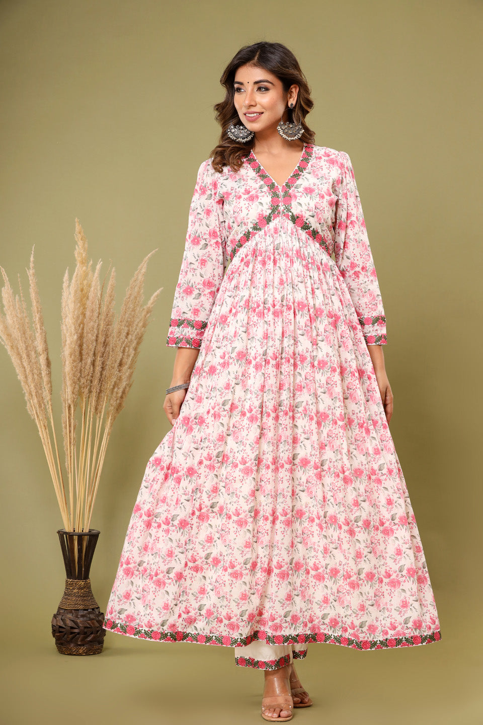 Floral Printed Cotton Kurta With Pants &amp; Dupatta