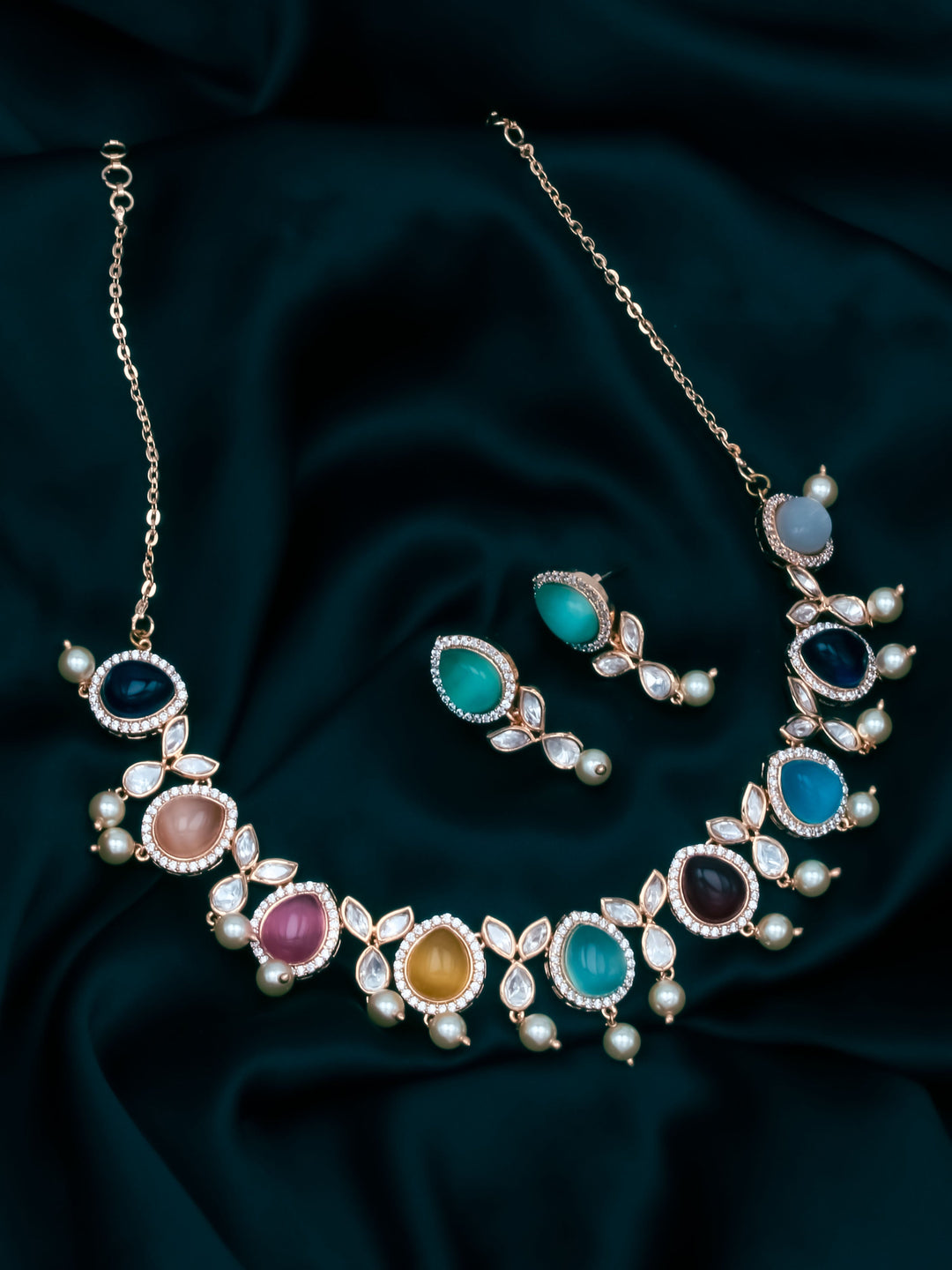 Multicolor Stone Necklace Set With Earrings