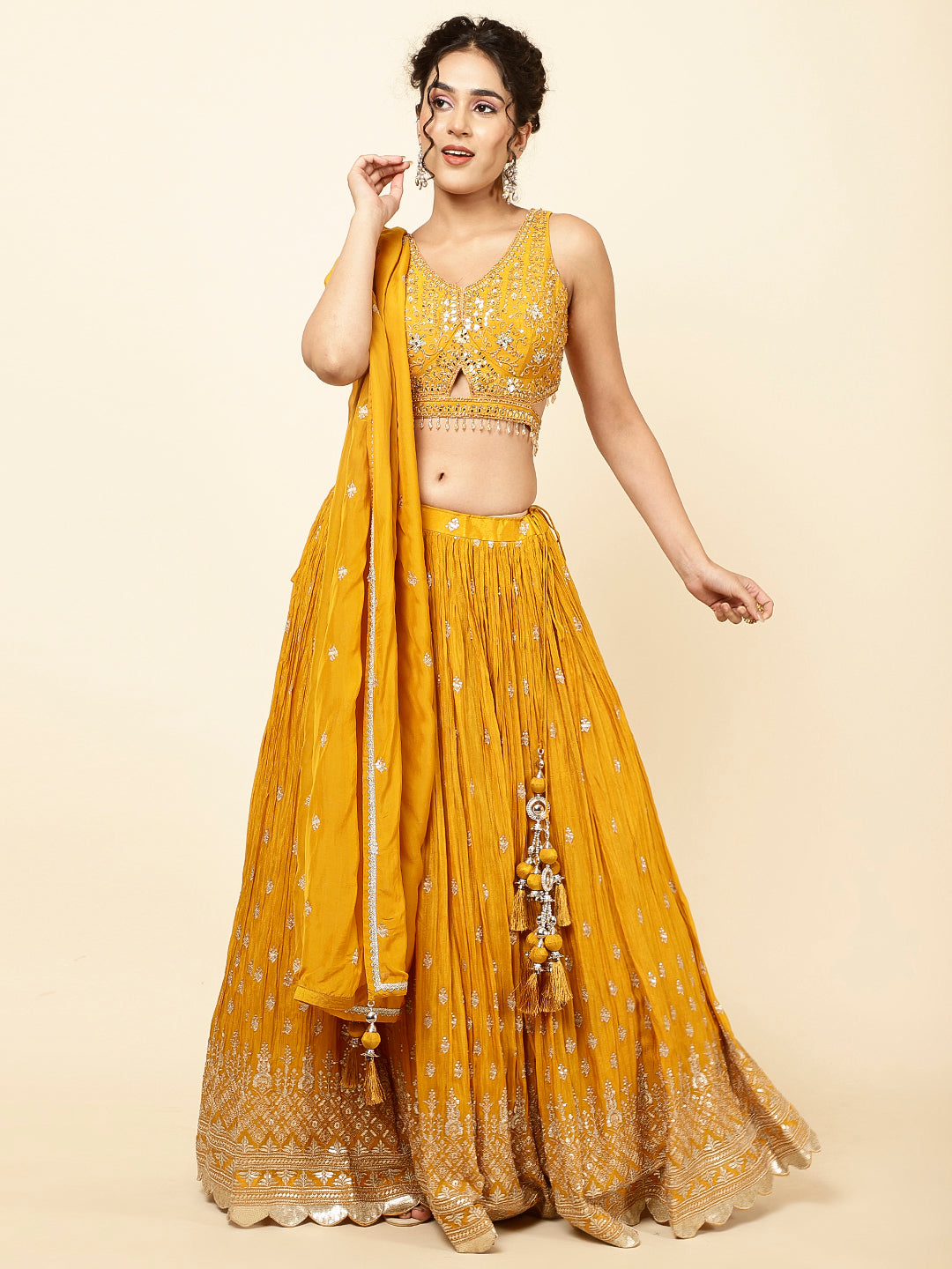 Sequin Embroidered Crepe Choli With Lehenga &amp; Dupatta