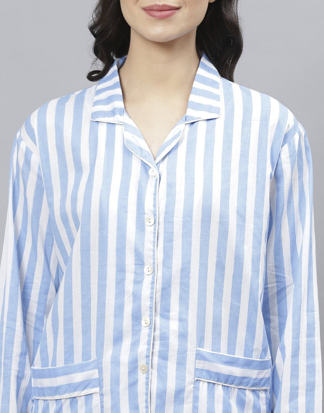 White Blue Cotton Strip Comfort Wear
