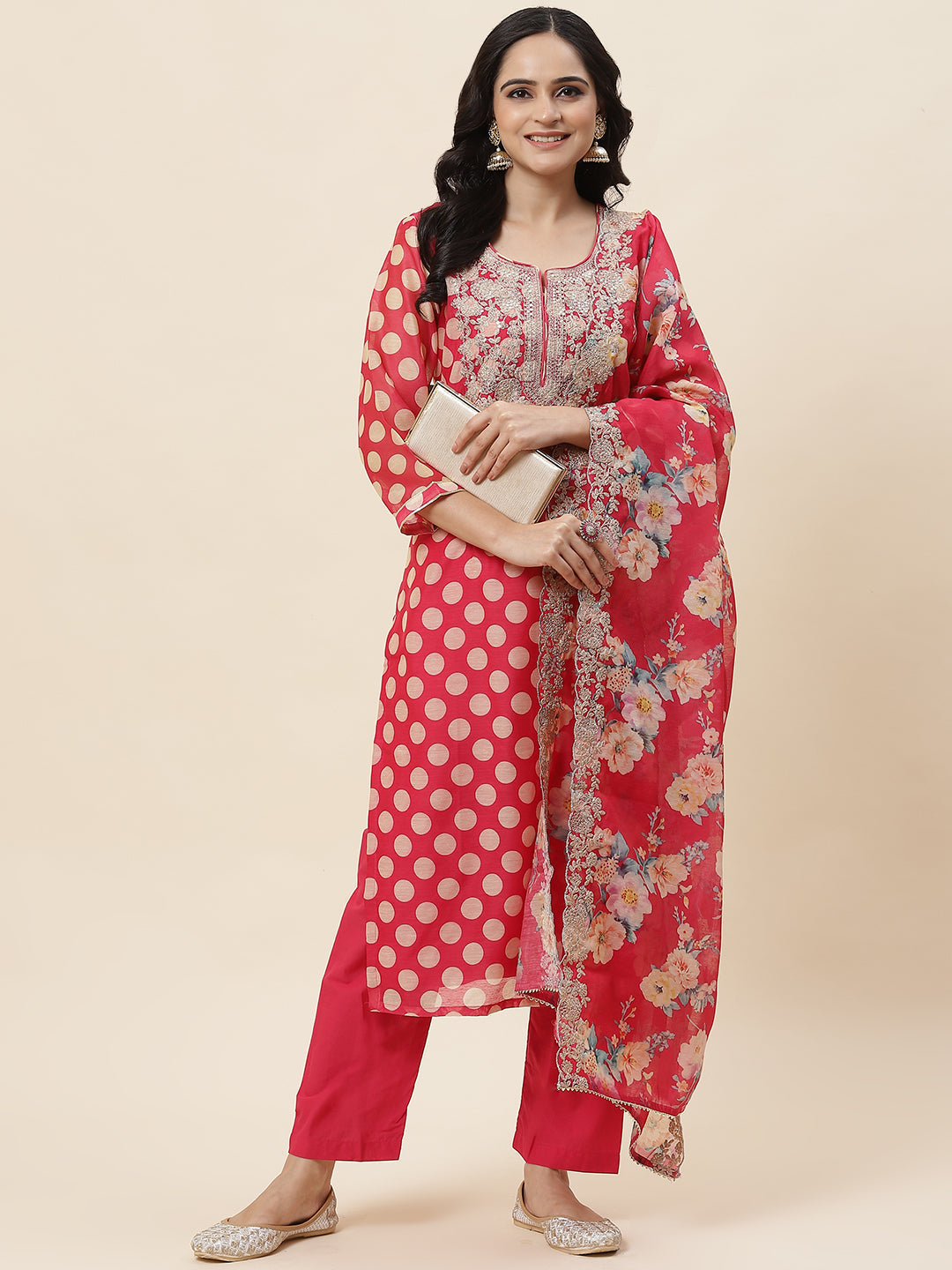 Polka Dot Printed Chanderi Kurta With Pants &amp; Dupatta