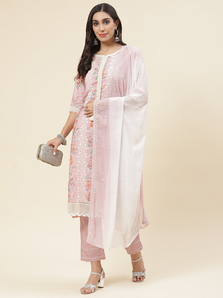 Floral Printed &amp; Embroidered Cotton Kurta With Pants &amp; Dupatta