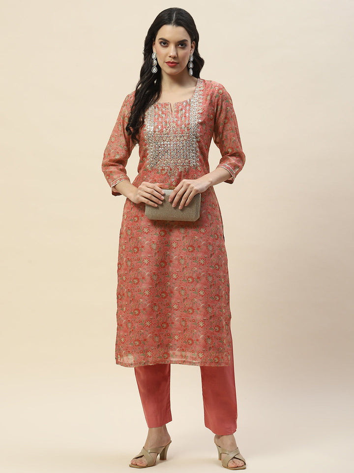 Printed Chanderi Kurta With Pants