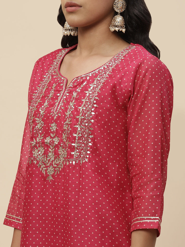 Zari Neck Embroidered Chanderi Kurta With Pants &amp; Dupatta