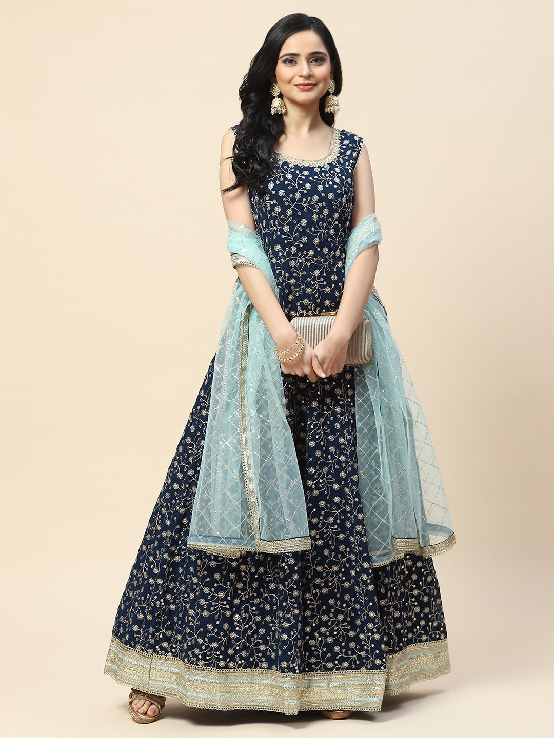 Sequin Embroidered Georgette Anarkali Kurta With Dupatta