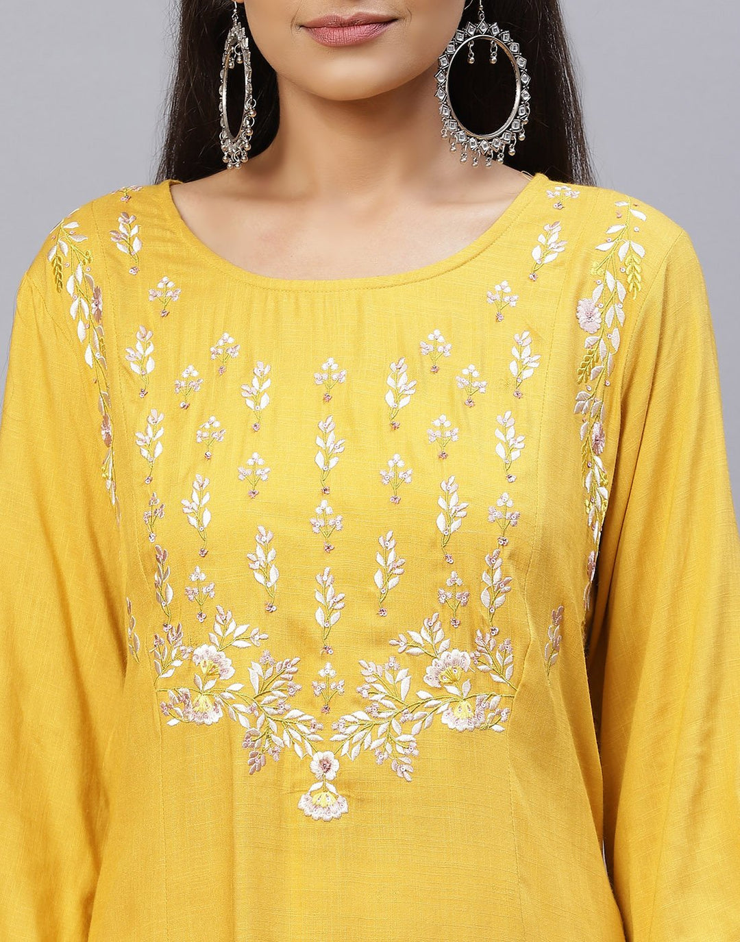 Plain Cotton Kurti With Yoke Embroidery