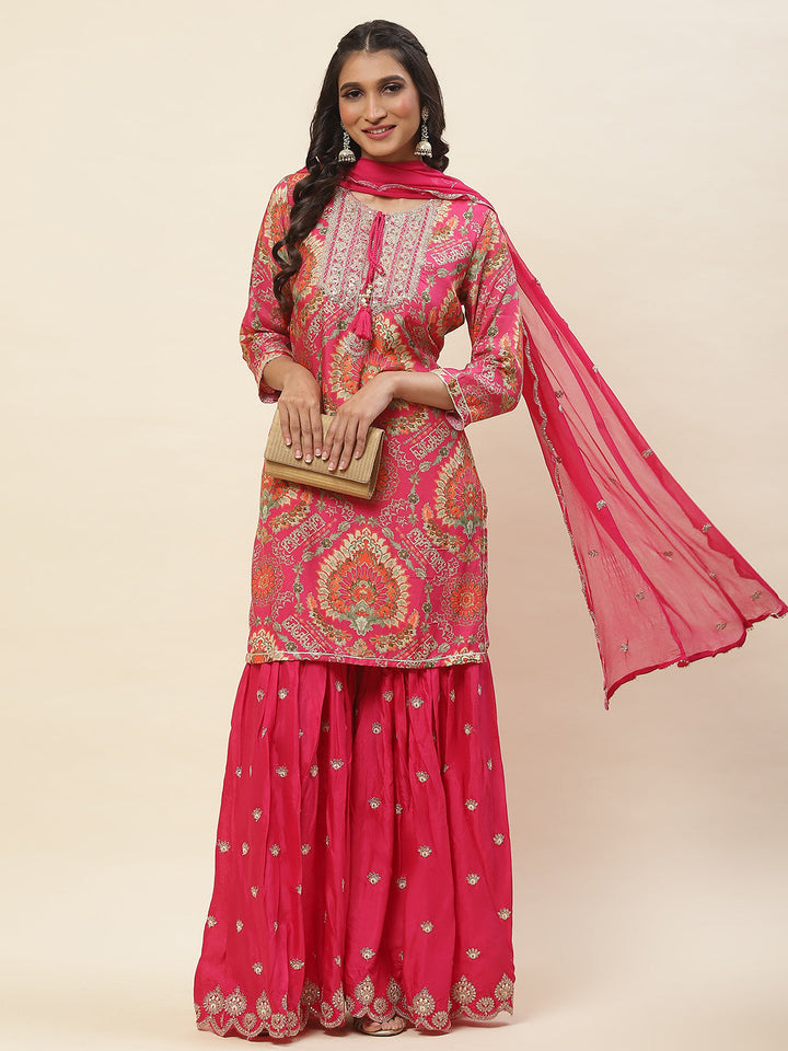 Floral Printed Cotton Kurta With Sharara &amp; Dupatta