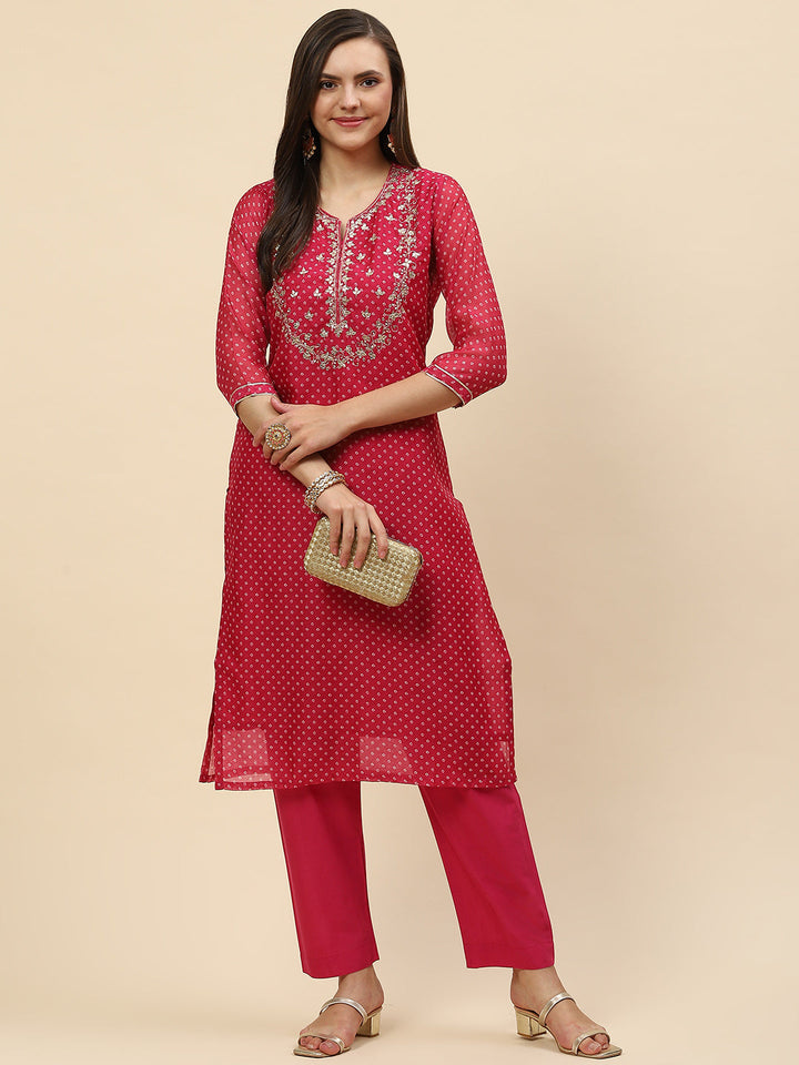 Gota Work &amp; Printed Chanderi Kurta With Pants