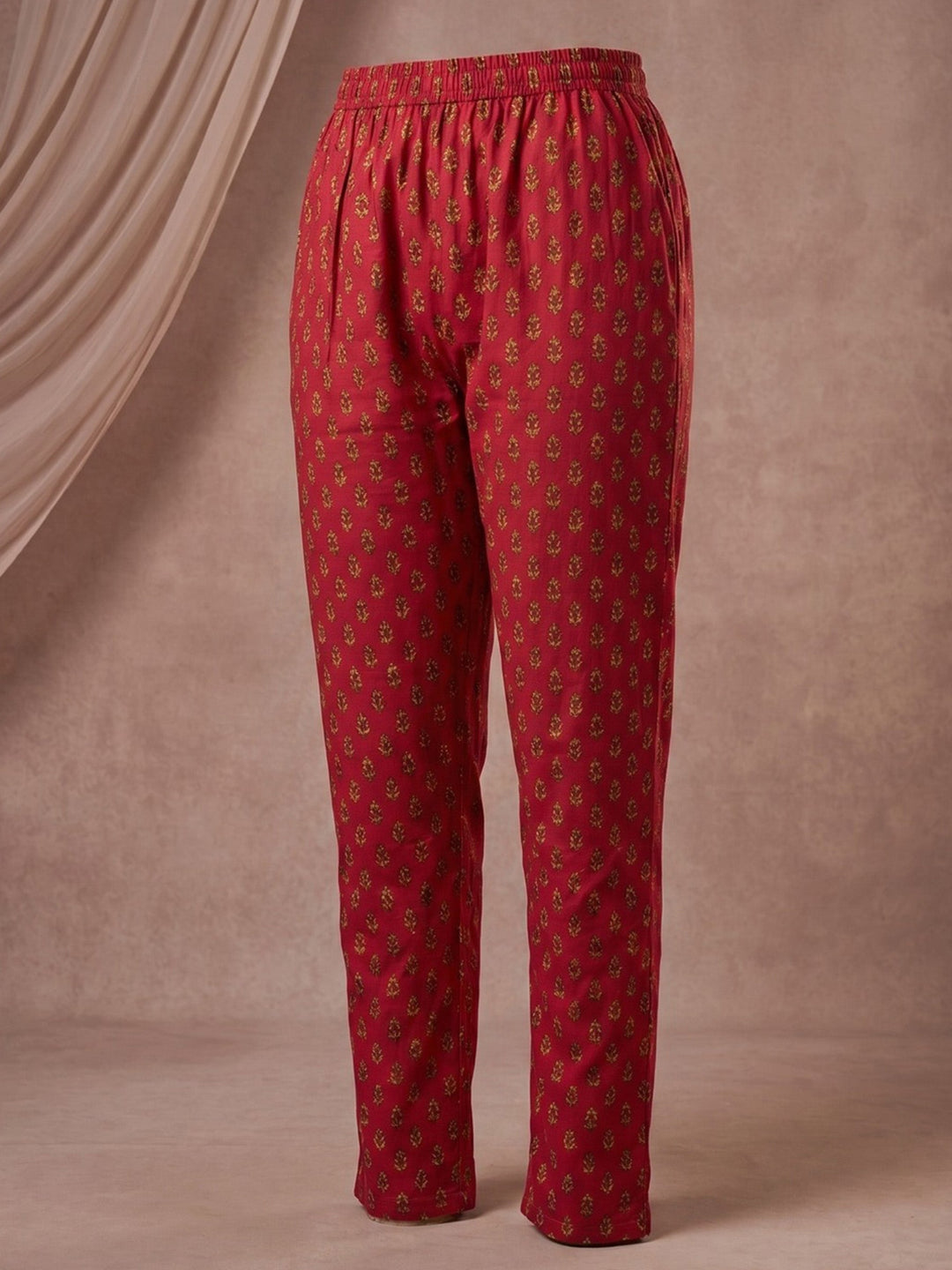 Red Embroidered Cotton Blend Straight Round Neck Suit Set