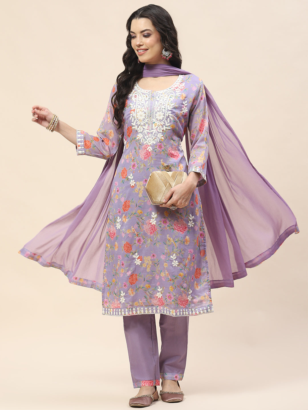 Printed Cotton Kurta With Pants &amp; Dupatta