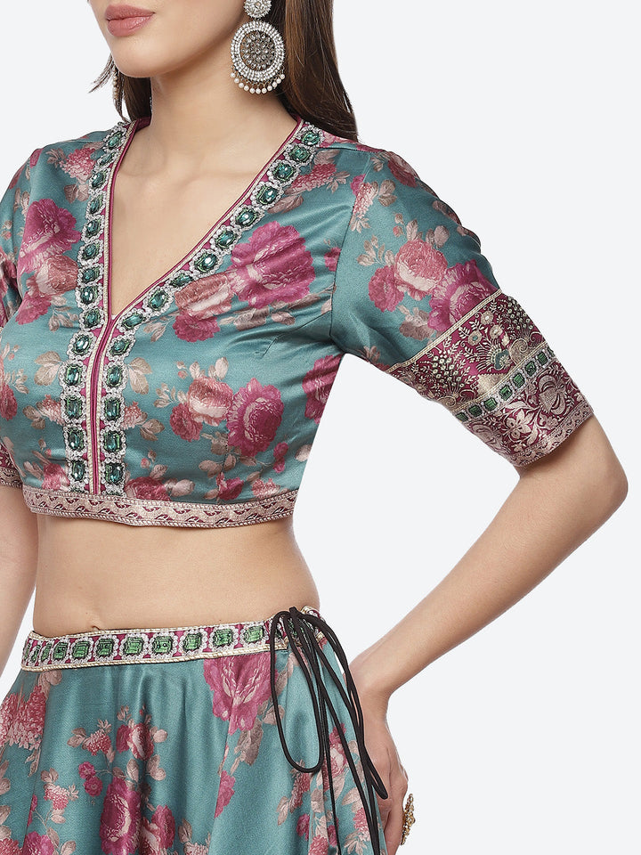 Floral Printed Satin Choli With Lehenga &amp; Net Dupatta
