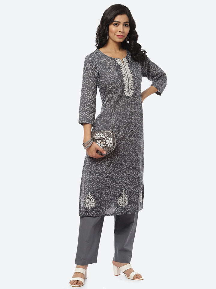 Printed Zari Neck Cotton Kurti With Pant