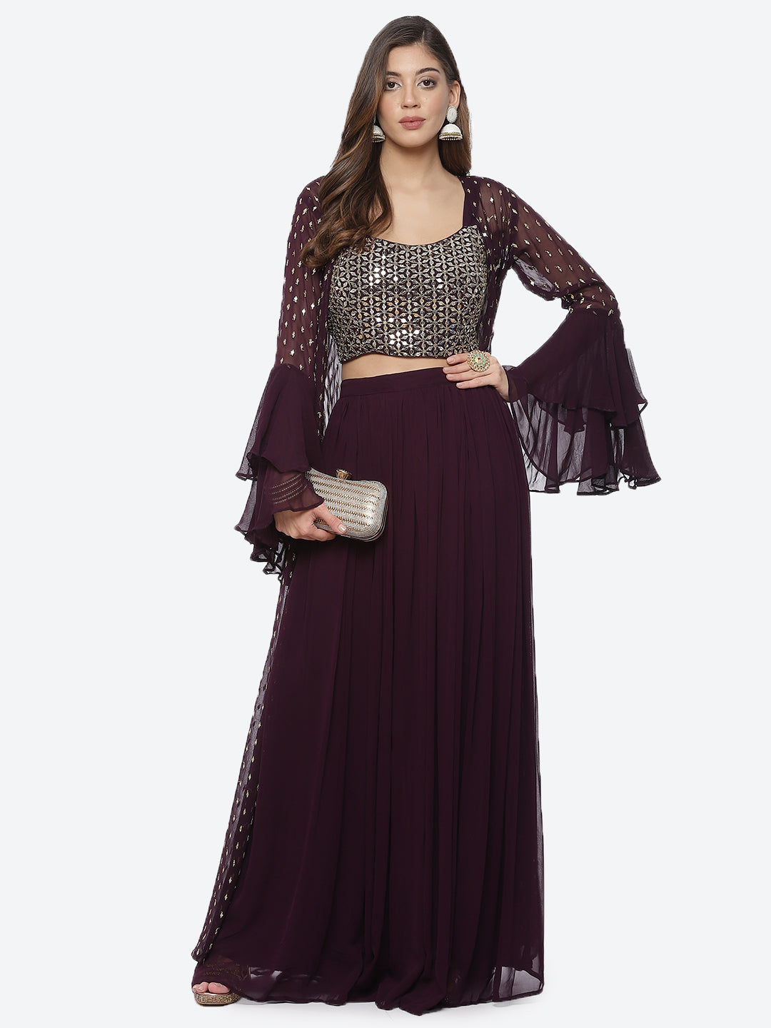 Mirror Work Georgette Crop Top With Palazzo &amp; Jacket