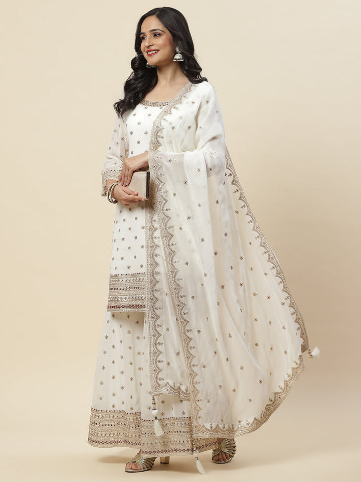 Zari Embroidered Georgette Kurti With Sharara &amp; Dupatta